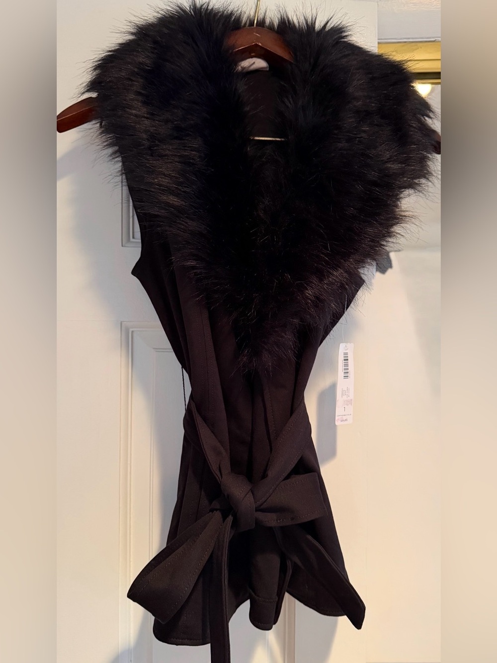 Chico's Black Faux Fur Collar Tie-Waist Vest